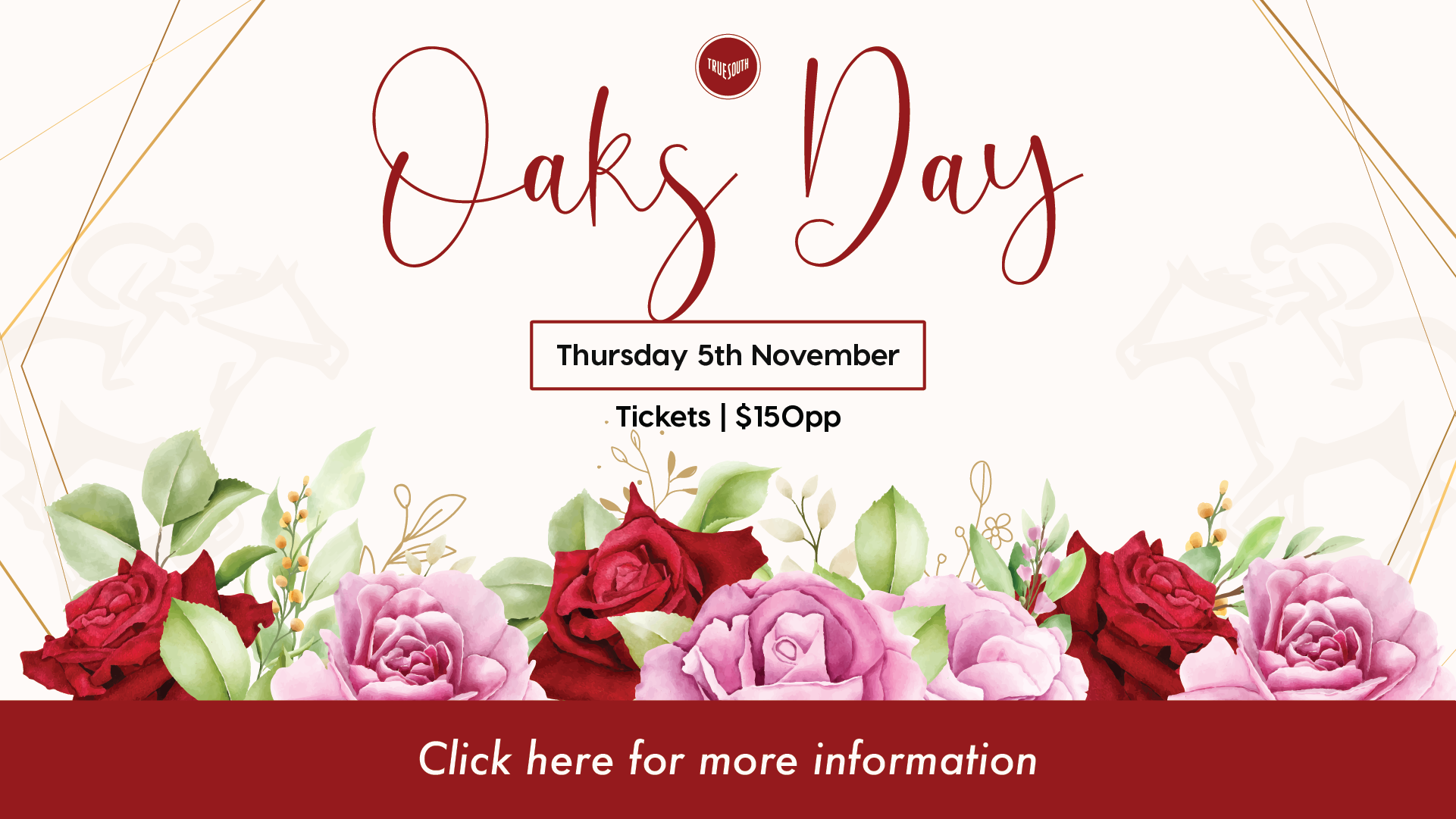 Oaks Day 2026 at True South Black Rock – Thursday 5 November, $150pp tickets for Bayside’s Oaks Day celebration.