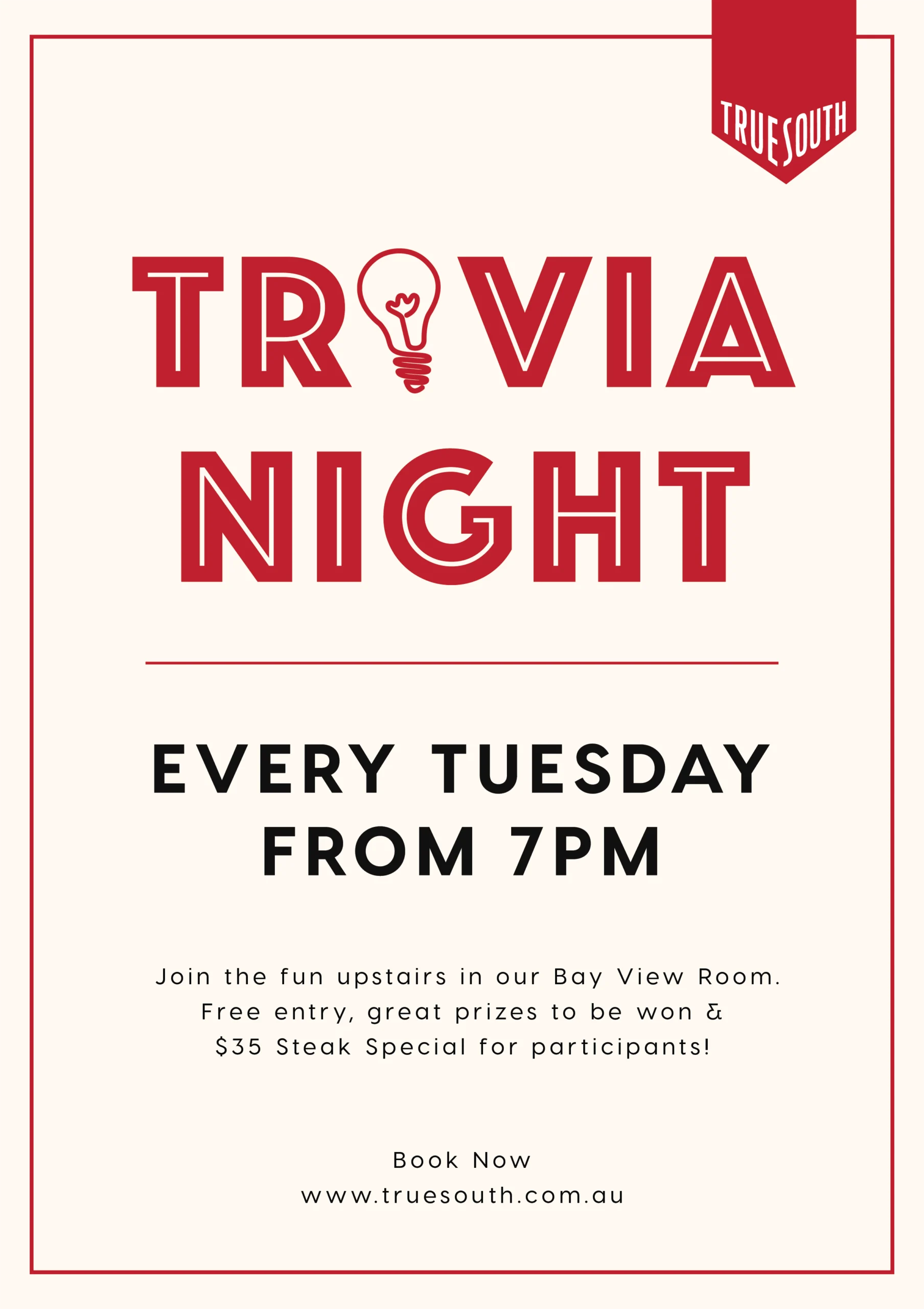 trivia-night-steak-special-true-south-black-rock-tuesday Trivia Night every Tuesday at True South in Black Rock featuring SoundStorm Trivia and a $35 steak special for participants.