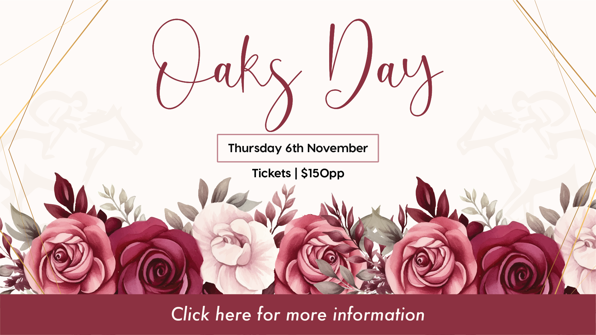 True South Oaks Day 2025 poster – Ladies Day Out event at True South with 3-course lunch, 4-hour drinks package, live music, sweeps and prizes overlooking Port Phillip Bay.