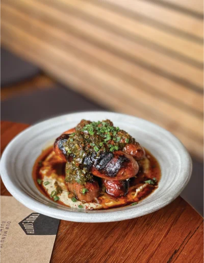 spicy pork & beef sausage, roasted red peppers, chimichurri