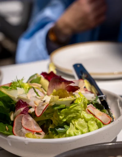Ensalada Mixta / 14 mixed leaves salad, lemon vinaigrette, radish, pickled shallots, almonds