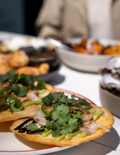 Taco de Kingfish / 24 raw kingfish, squid ink miso mayo, avocado, jalapeños, pepitas, coriander